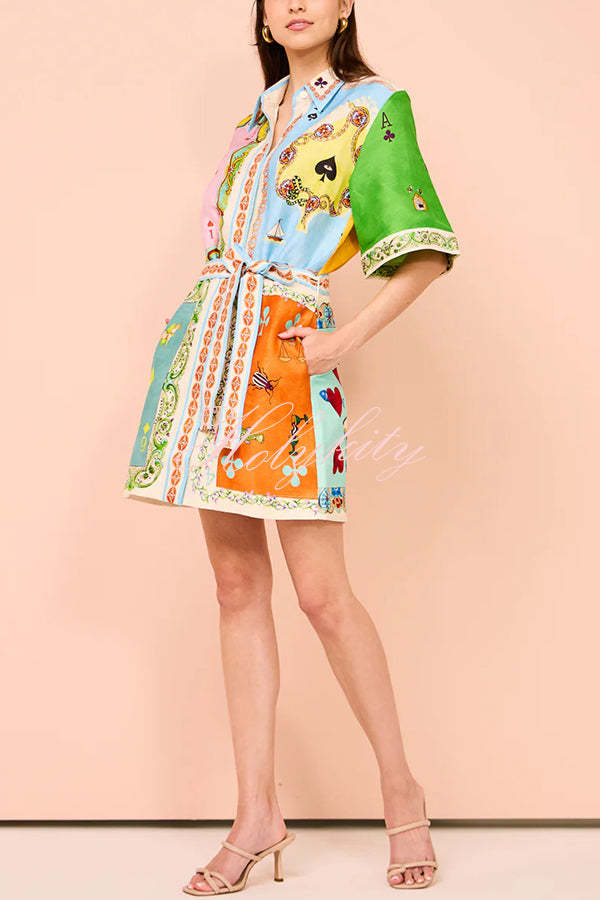 Linen Blend Unique Printed Short Sleeved Pocket Tie Waist Mini Dress(One Size Up)-tidenox