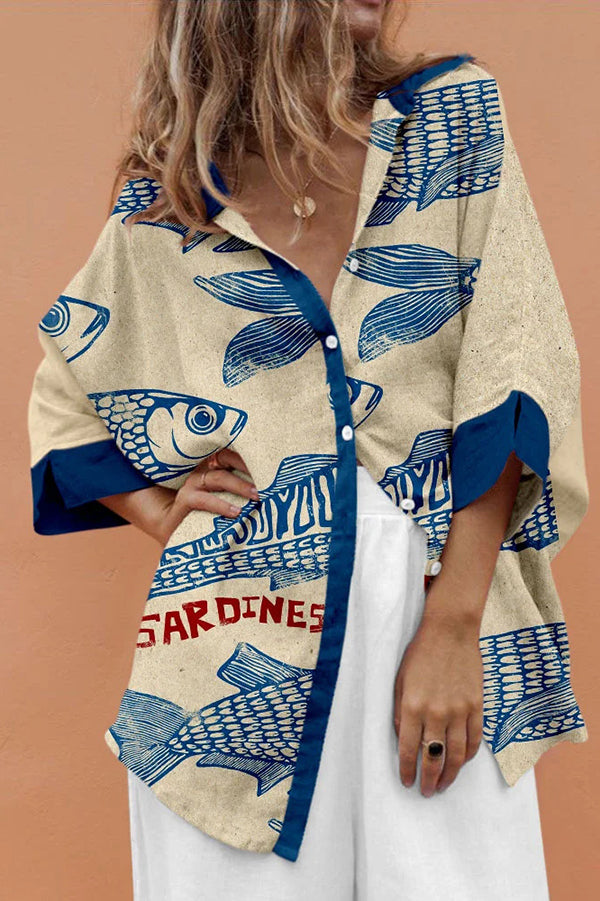 Unique Marine Print Casual Loose Shirt Top-tidenox