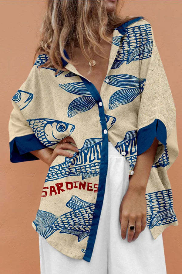 Unique Marine Print Casual Loose Shirt Top-tidenox