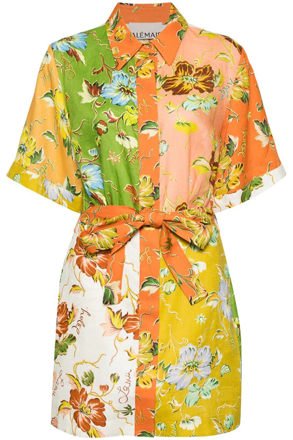 Kienna Linen Blend Unique Floral Print Tie-waist Mini Dress-tidenox