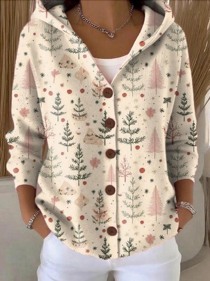 Women's Christmas Tree Art Print Buttoned Cardigan Sweater-tidenox