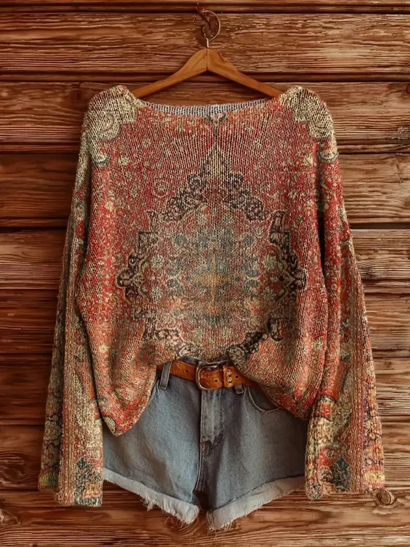 Women's Vintage Floral Art Print Casual Pullover Sweater