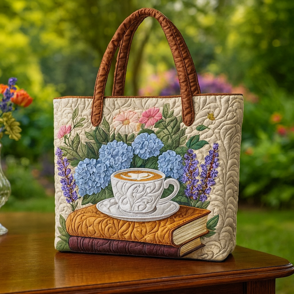 🌸 Garden Latte Whispers — Floral & Books Quilted Tote Bag: