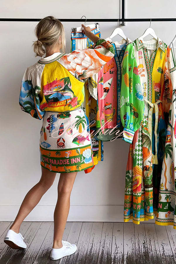 Summer Sophistication Linen Blend Unique Print Belted Pocket Shirt Mini Dress-tidenox