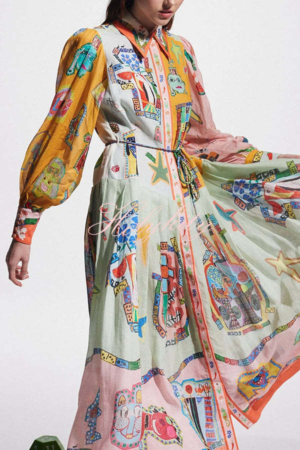 Set for Vacay Unique Print Colorblock Balloon Sleeve Belt Shirt Midi Dress-tidenox