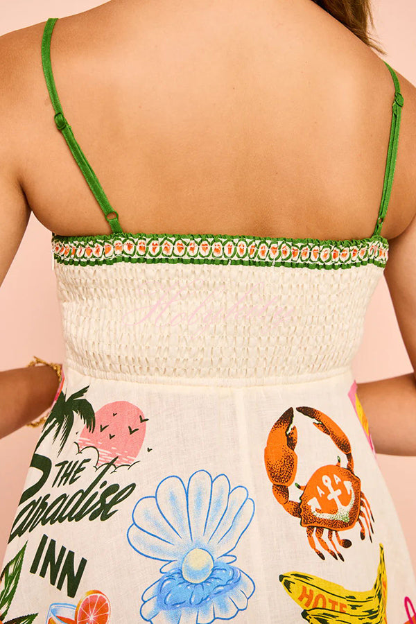 Holiday Paradise Linen Blend Unique Print Smocked Back Pocket Maxi Dress-tidenox