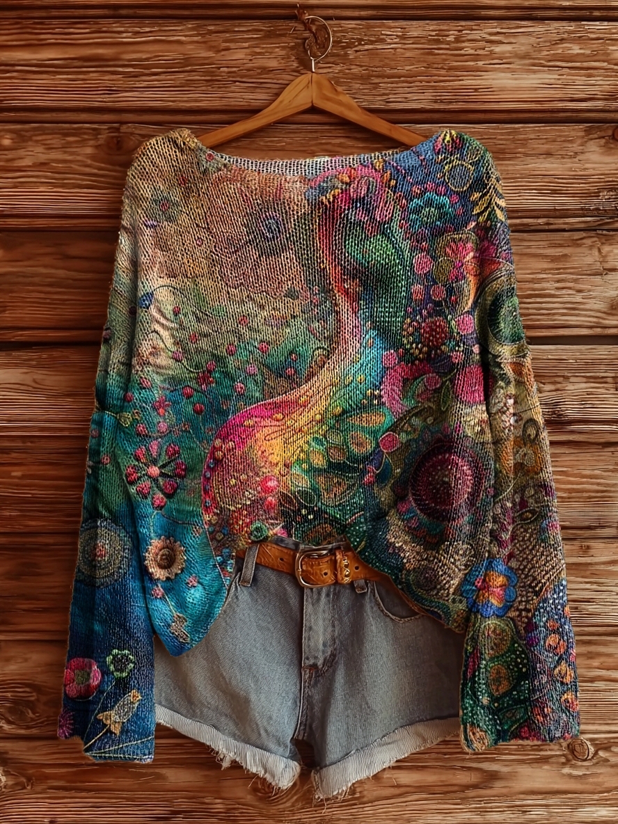 Women's Colorful Ethnic Flowers Print Casual Pullover Sweater-tidenox