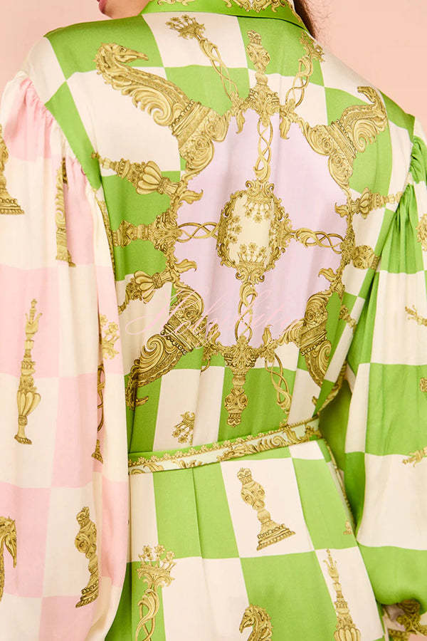 Garden Party Satin Unique Print Balloon Sleeve Belted Shirt Maxi Dress-tidenox