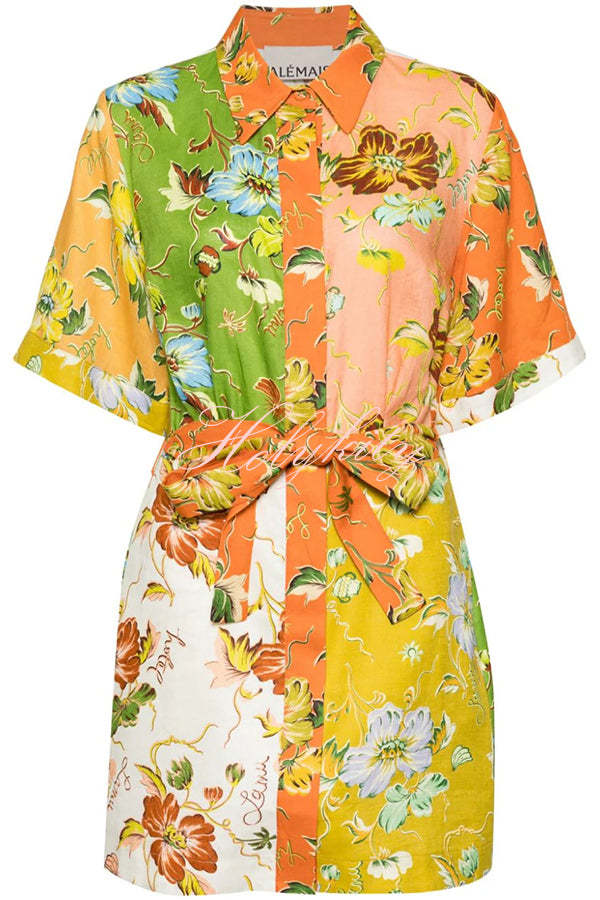 Kienna Linen Blend Unique Floral Print Tie-waist Mini Dress-tidenox