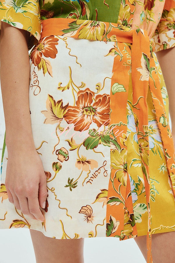 Kienna Linen Blend Unique Floral Print Tie-waist Mini Dress-tidenox