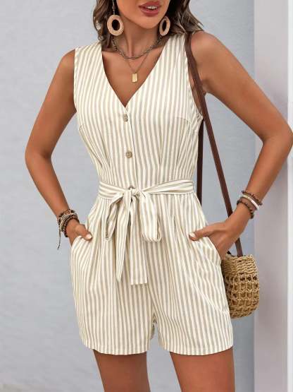 Striped V-neck Button Front Belted Romper-tidenox