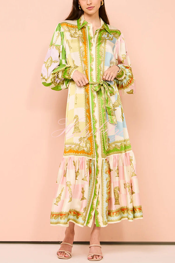 Garden Party Satin Unique Print Balloon Sleeve Belted Shirt Maxi Dress-tidenox