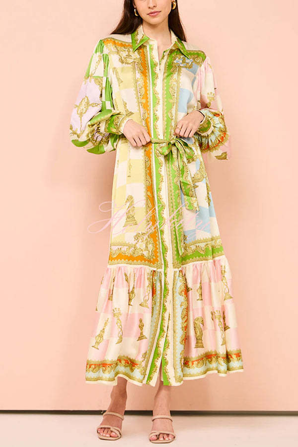 Garden Party Satin Unique Print Balloon Sleeve Belted Shirt Maxi Dress-tidenox