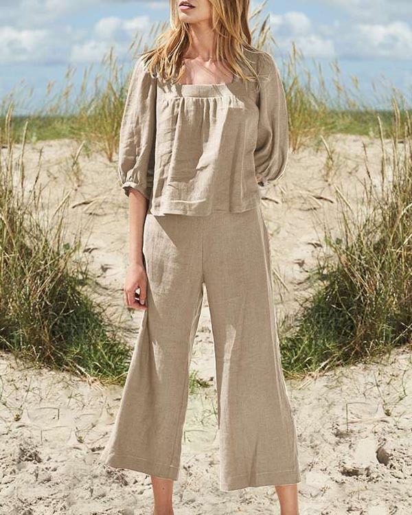 Solid Color Cotton Linen Casual Long Sleeve Loose Cotton Suit-tidenox