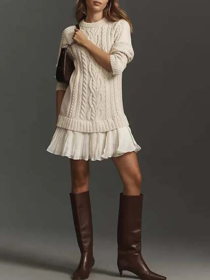 Women Crewneck Cable Knit Sweater Mini Dress (Buy 2 Free Shipping)-tidenox