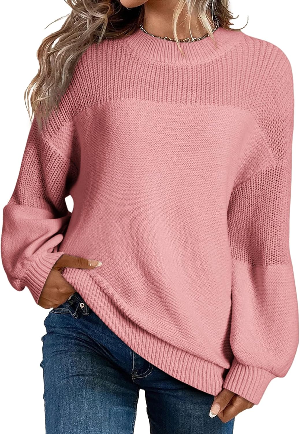 Women's Casual Long Sleeve Loose Round Neck Knit Solid Colour Pullover Sweater-tidenox
