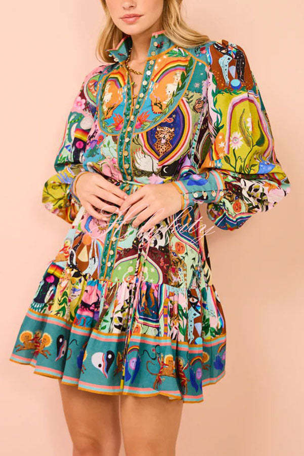 Touch of Luxury Unique Print Balloon Sleeve Button Shirt Mini Dress-tidenox