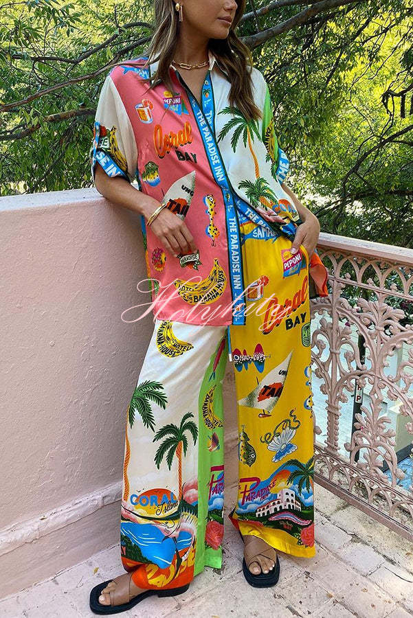 Kissed By The Sun Satin Unique Print Colorblock Button Down Oversized Blouse-tidenox