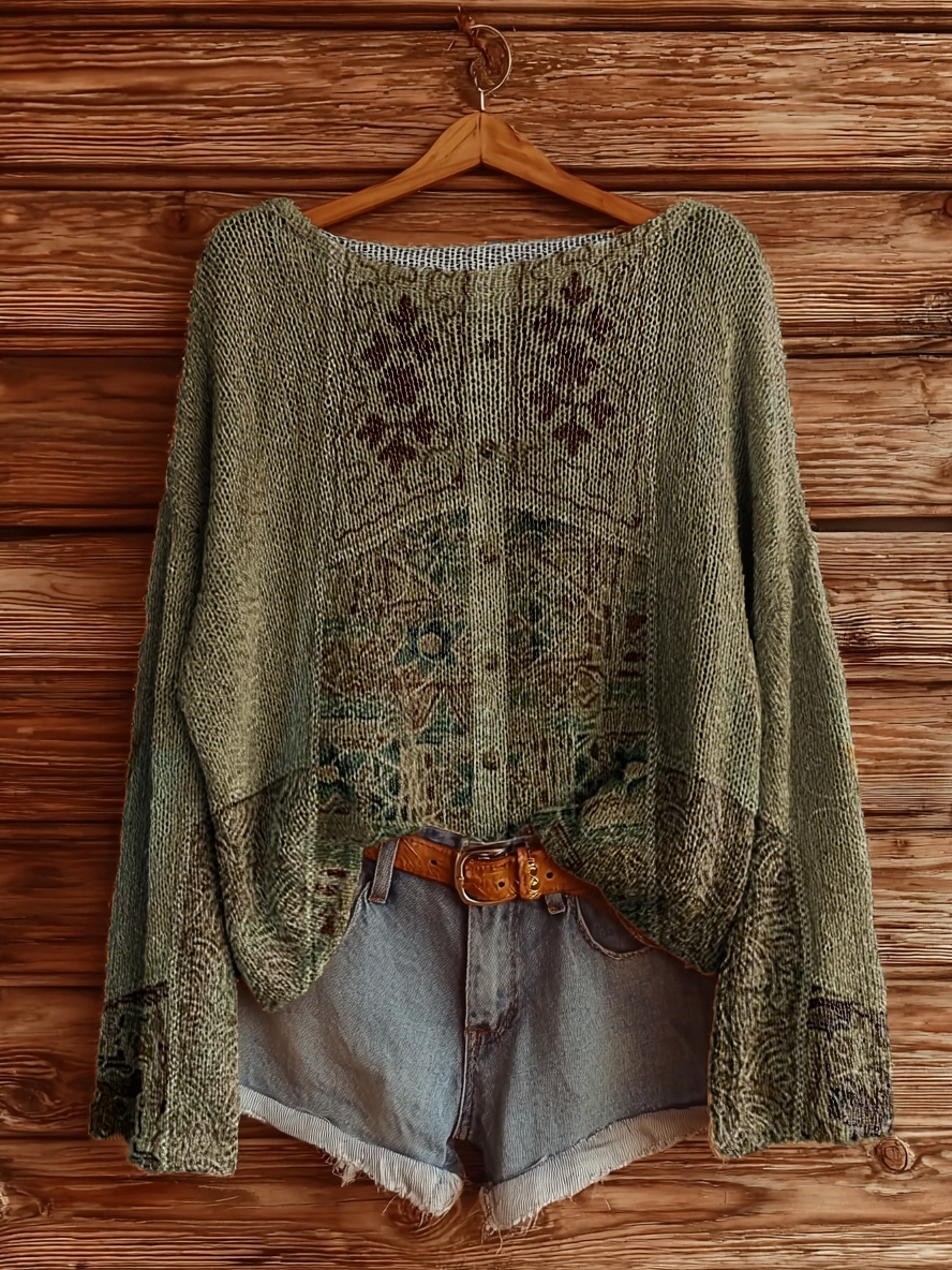 Women's Vintage Ethnic Tattoo Pattern Art Print Casual Pullover Sweater-tidenox