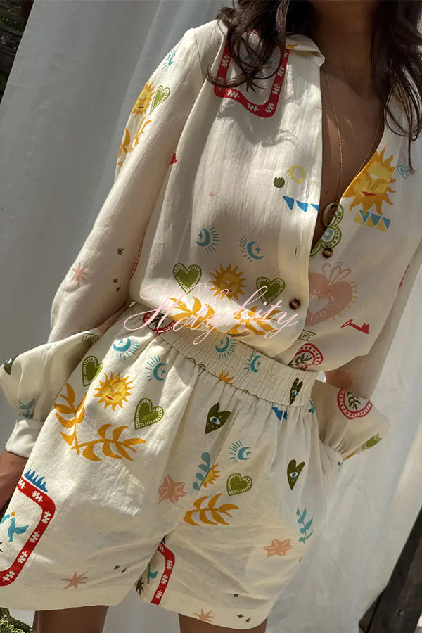Funny Vacation Unique Printed Long Sleeve Shirt and Elastic Waist Pocket Loose Shorts Set-tidenox