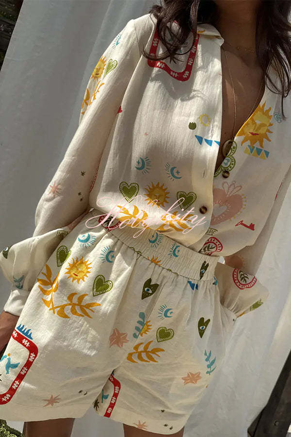 Funny Vacation Unique Printed Long Sleeve Shirt and Elastic Waist Pocket Loose Shorts Set-tidenox
