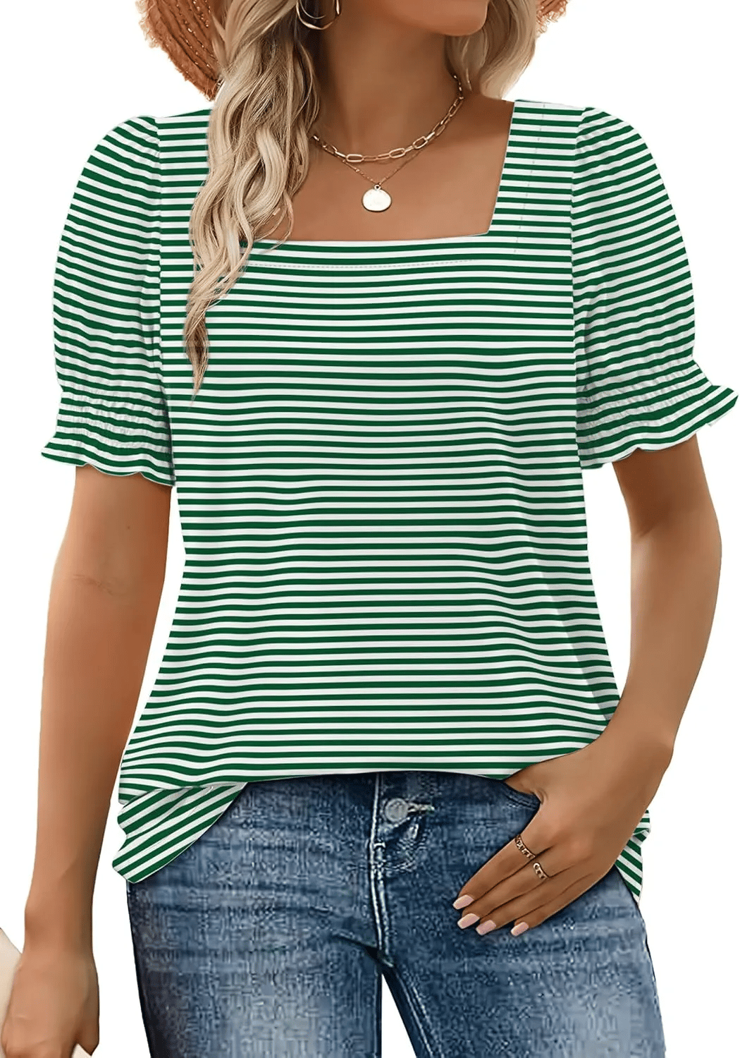 🔥Women's Square Neck Smocked Sleeve T-Shirt Casual Top-tidenox