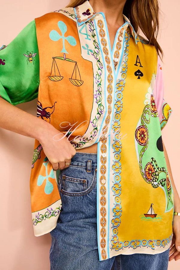 Funny Poker Summer Satin Unique Print Button Down Oversized Blouse-tidenox