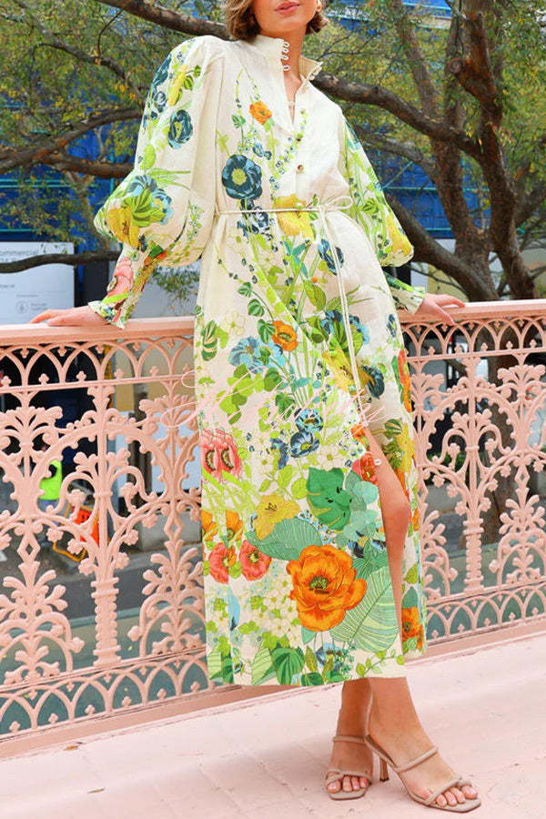 Summer Party Floral Print Balloon Sleeve Pocketed Belt Shirt Midi Dress-tidenox