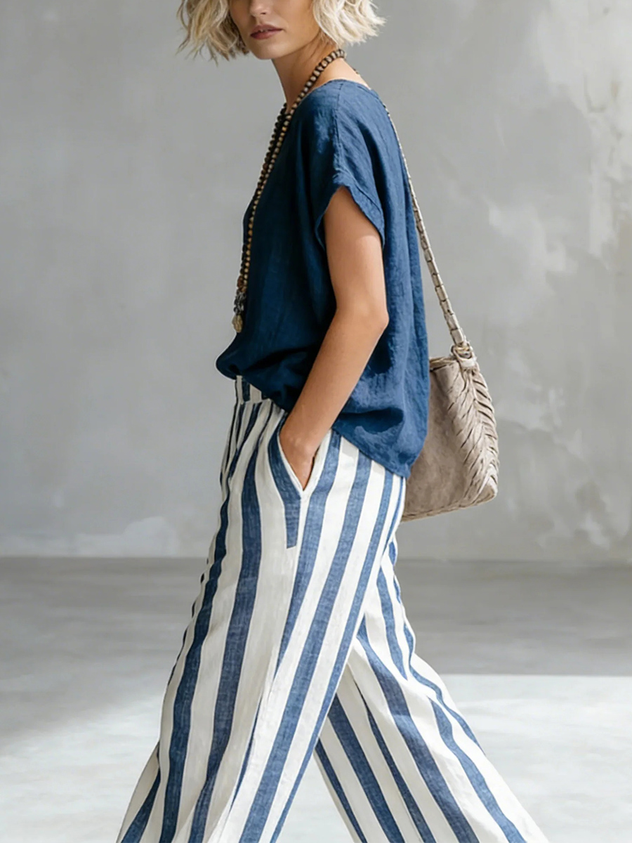 New Arrivals🔥 Cozy Loose-fit Striped Cotton Linen Two-piece Set