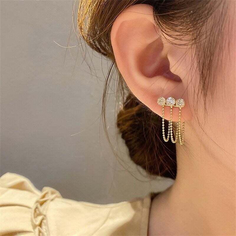 Metal mesh zircon chain tassel earrings-tidenox