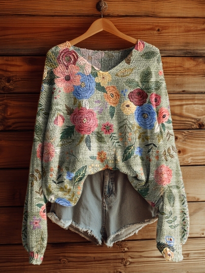 Women's Vintage Floral Tattoo Pattern Art Print Casual Pullover Sweater-tidenox