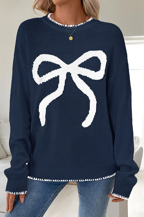 Christmas Contrasting Color Big Bow Round Neck Long Sleeve Loose Knitted Sweater