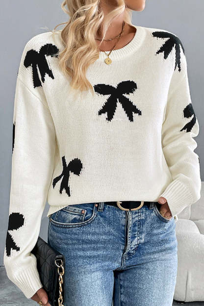 Christmas Contrast Bow Round Neck Long Sleeve Loose Knitted Sweater-tidenox