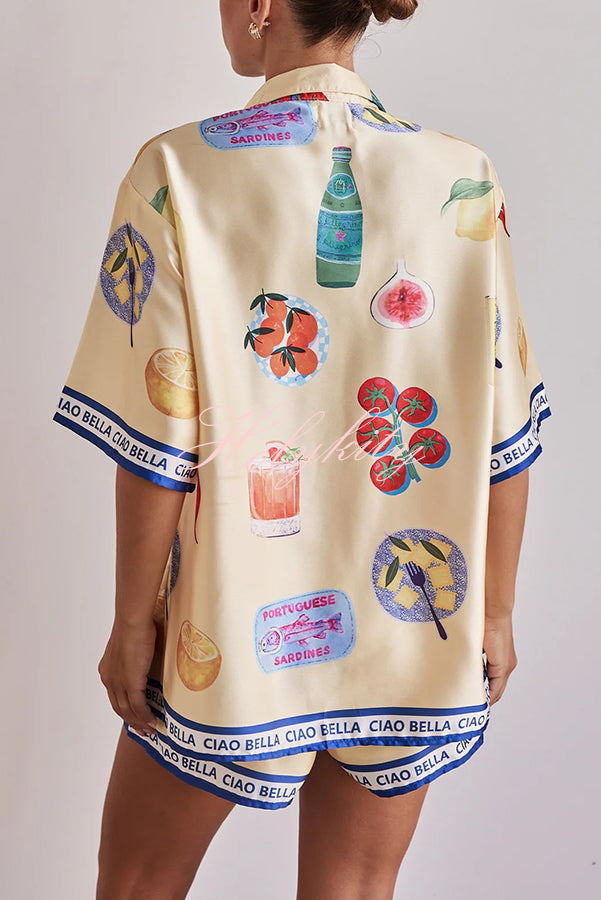 Kai Satin Unique Print Short Sleeve Shirt and Elastic Waist Drawstring Pocket Shorts Set-tidenox