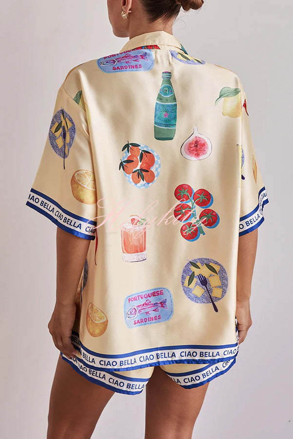 Kai Satin Unique Print Short Sleeve Shirt and Elastic Waist Drawstring Pocket Shorts Set-tidenox
