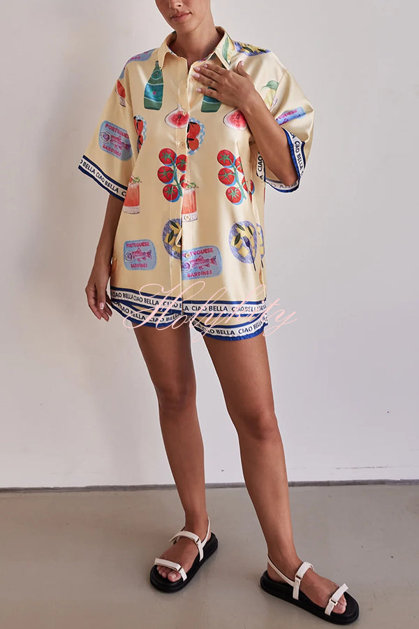 Kai Satin Unique Print Short Sleeve Shirt and Elastic Waist Drawstring Pocket Shorts Set-tidenox