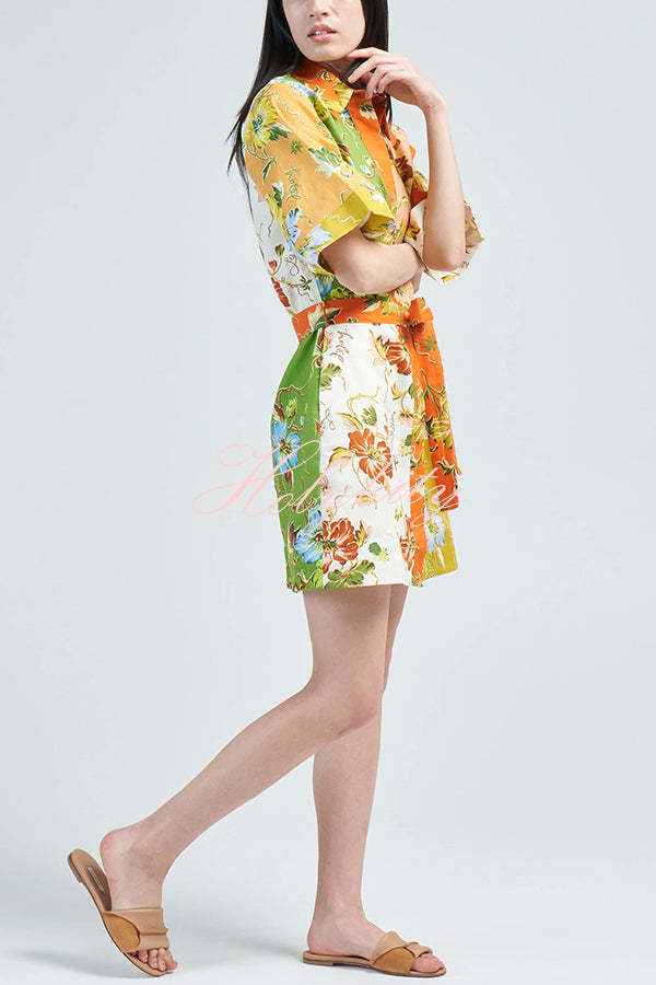 Kienna Linen Blend Unique Floral Print Tie-waist Mini Dress-tidenox