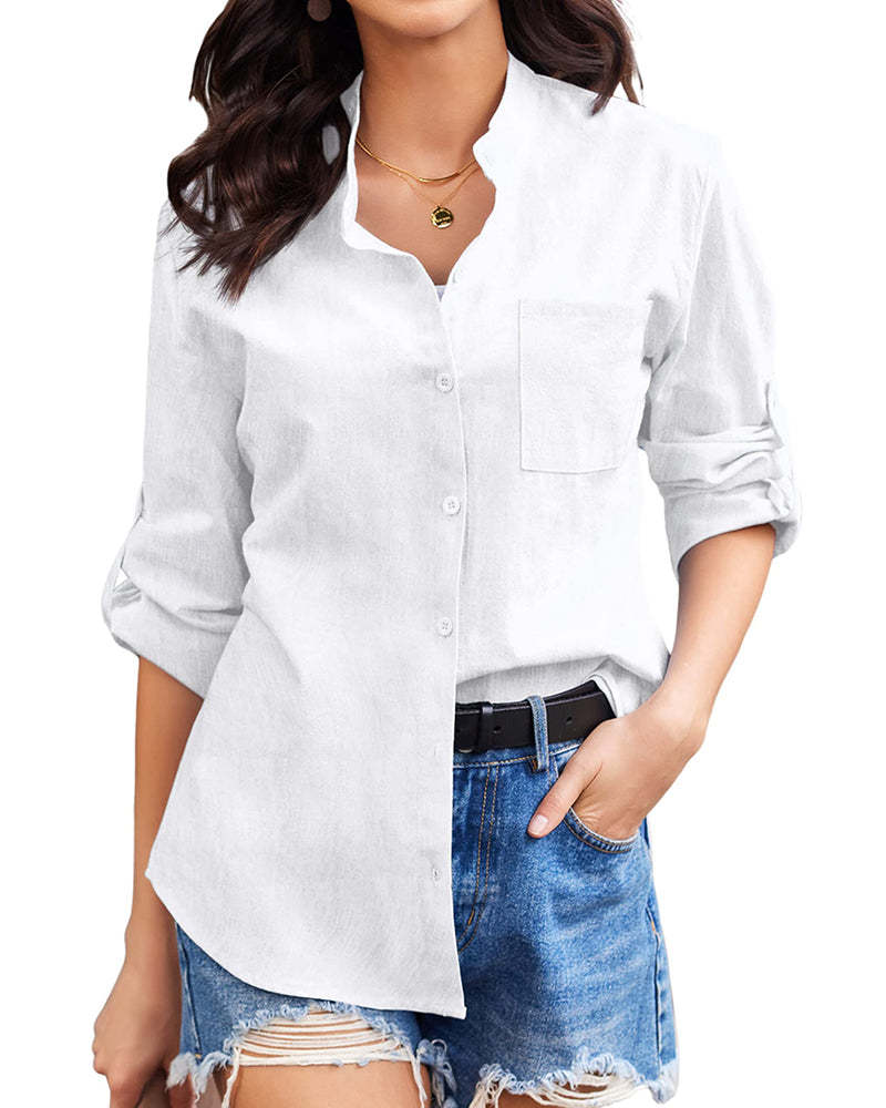 Women Cotton Linen Shirts Beach V Neck Roll Up Sleeve Button Down Blouses Shirts Summer Casual Dress Tops - Zeagoo (Us Only)-tidenox