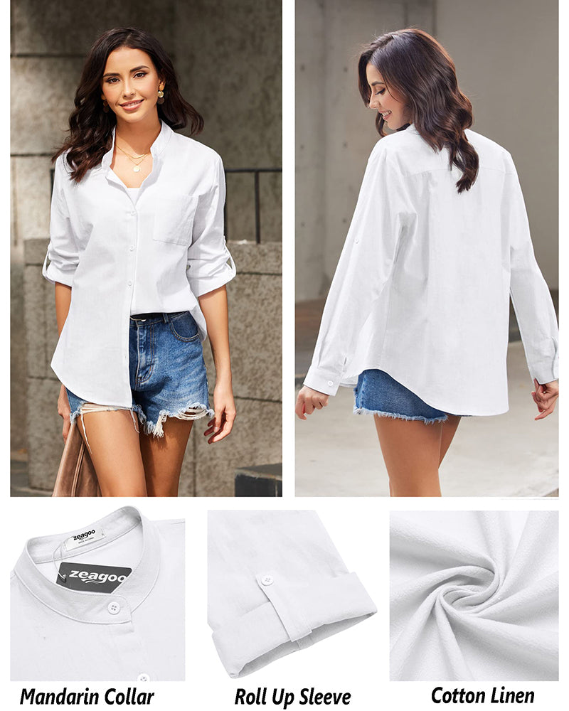 Women Cotton Linen Shirts Beach V Neck Roll Up Sleeve Button Down Blouses Shirts Summer Casual Dress Tops - Zeagoo (Us Only)-tidenox