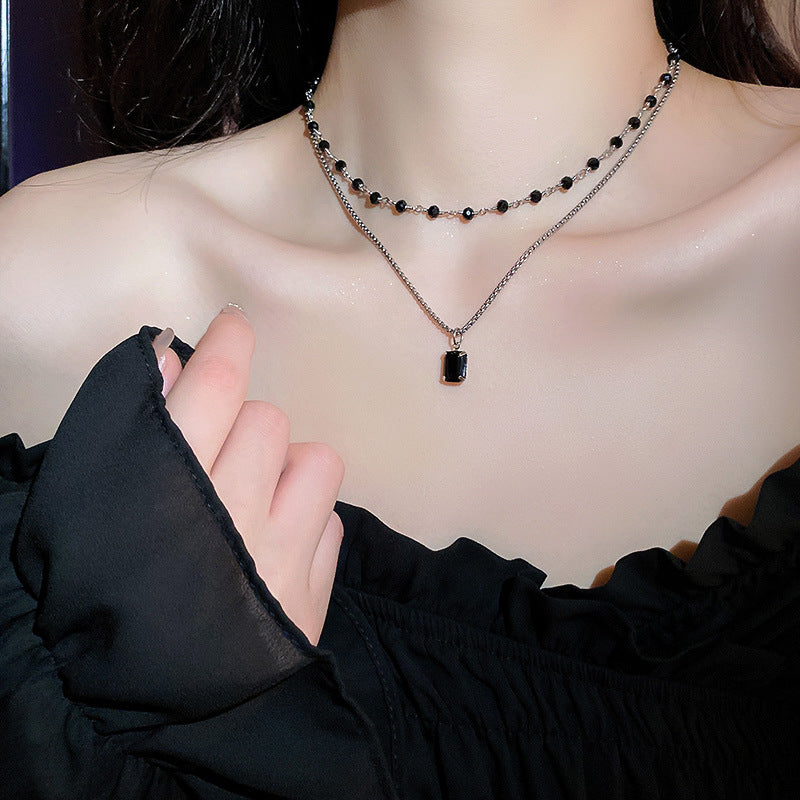 Black Pearl Double Strand Silver Necklace-tidenox