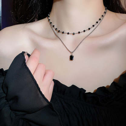Black Pearl Double Strand Silver Necklace-tidenox