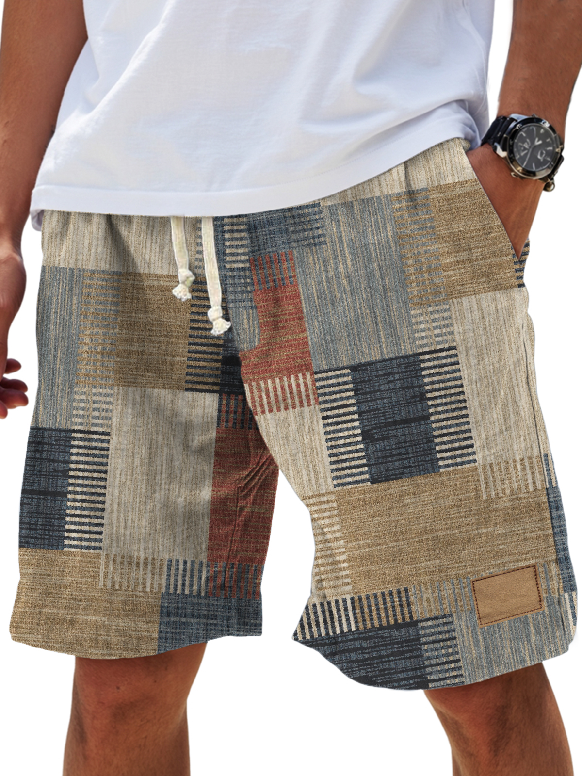 Men's Retro Geometric Texture Holiday Casual Lace-Up Shorts-tidenox