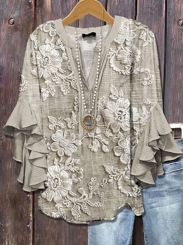 Women's Retro Blouse Layered Ruffle Sleeve Tops 3D Print Vintage Floral Graphic Daily Stylish Casual 3/4 Length Sleeve Regular Tops Daily Holiday Vacation Wear Print Purple Green Beige-tidenox