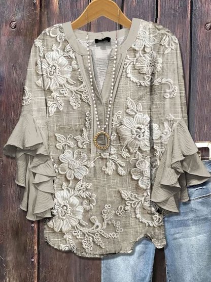 Women's Retro Blouse Layered Ruffle Sleeve Tops 3D Print Vintage Floral Graphic Daily Stylish Casual 3/4 Length Sleeve Regular Tops Daily Holiday Vacation Wear Print Purple Green Beige-tidenox