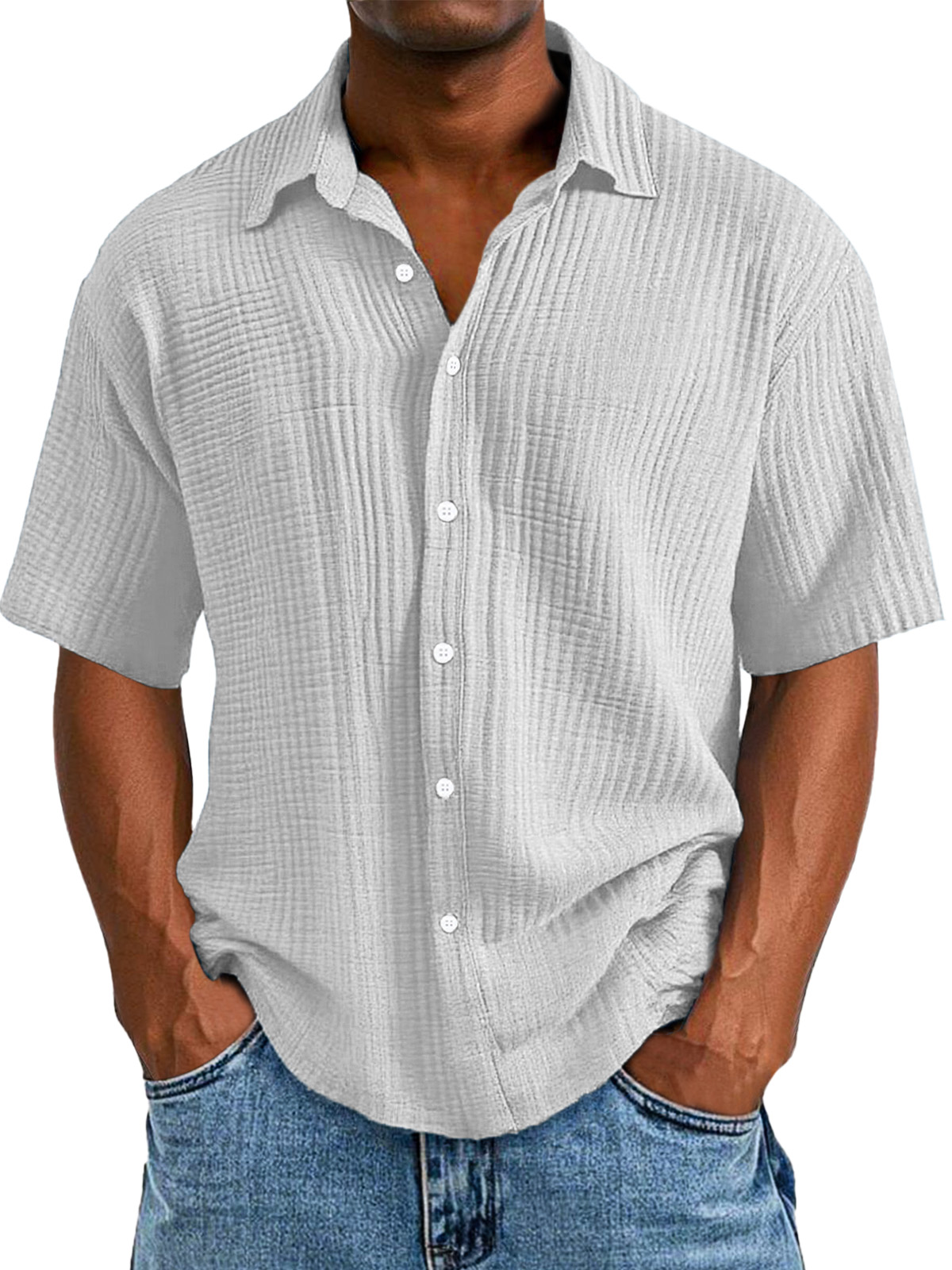 Men's Casual Loose And Comfortable Textured Short-sleeved Shirt-tidenox