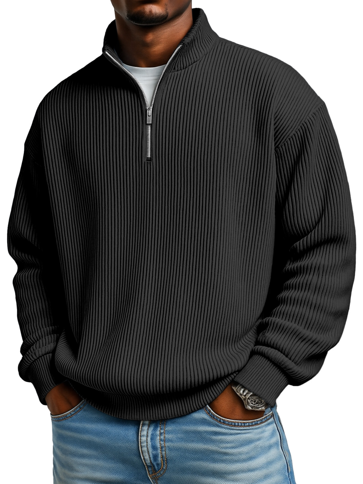 Men's Solid Color Vertical Pit Texture Stand Collar Zipper Long Sleeve Sweater-tidenox