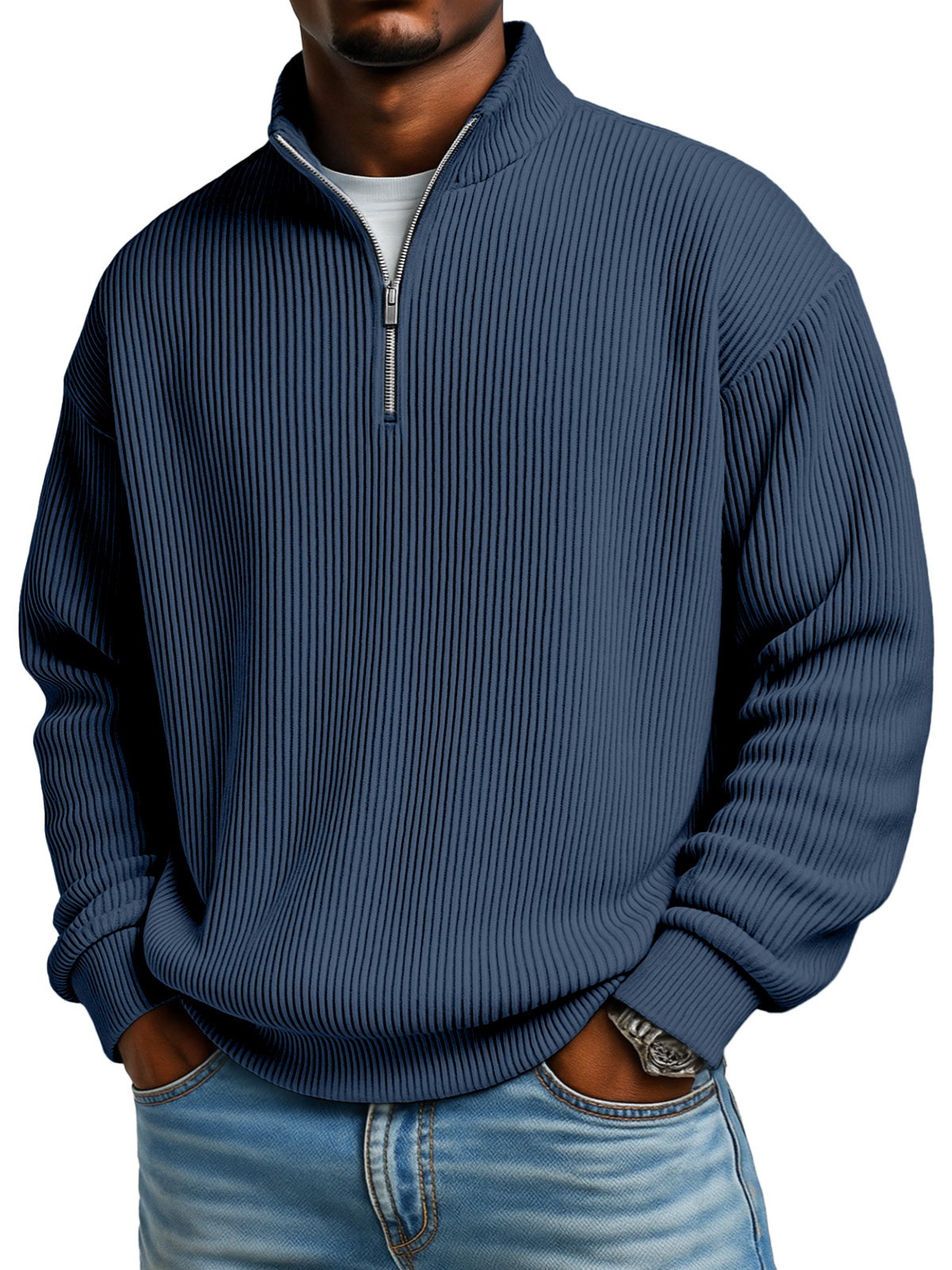 Men's Solid Color Vertical Pit Texture Stand Collar Zipper Long Sleeve Sweater-tidenox