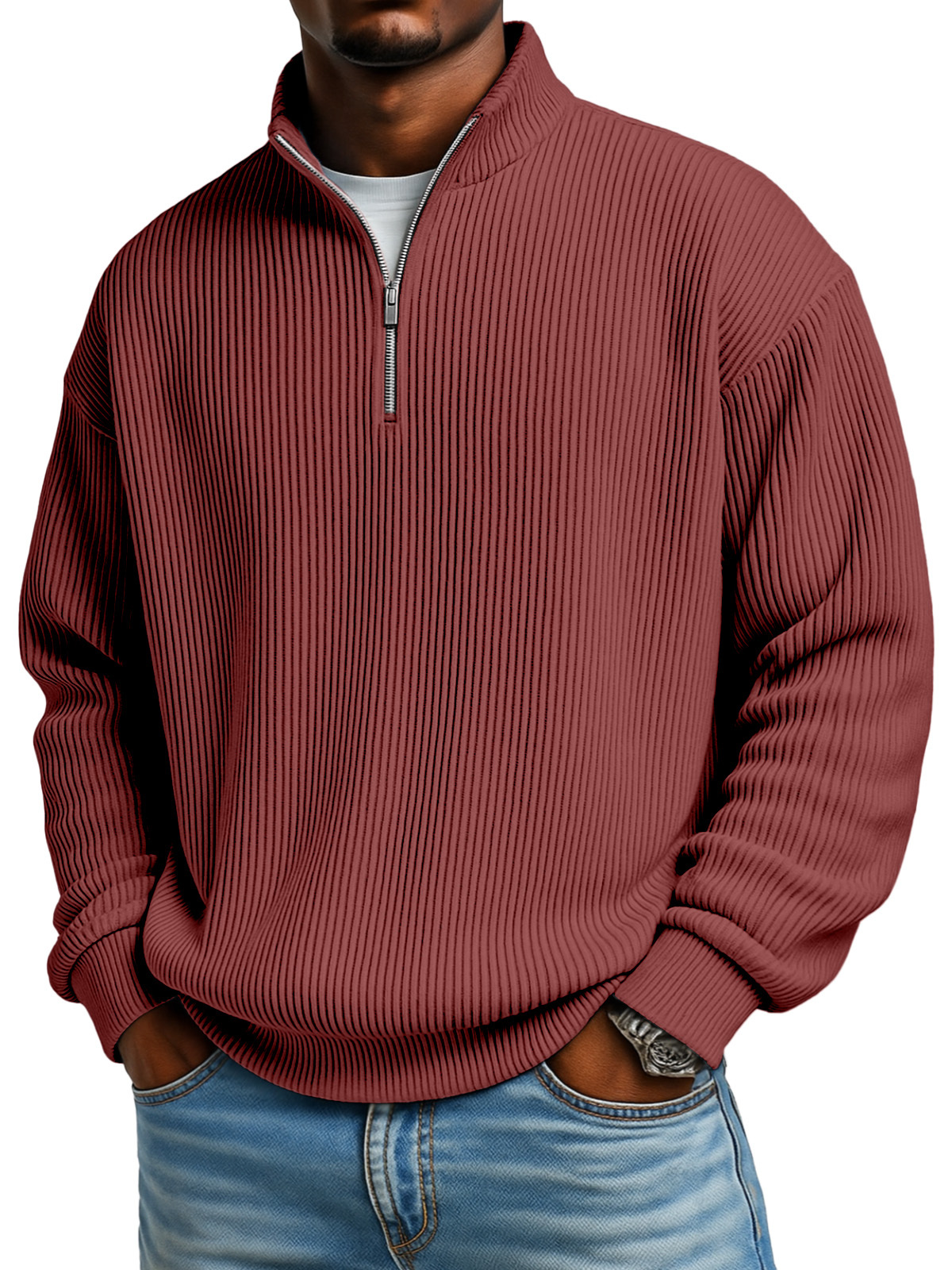 Men's Solid Color Vertical Pit Texture Stand Collar Zipper Long Sleeve Sweater-tidenox