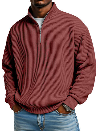 Men's Solid Color Vertical Pit Texture Stand Collar Zipper Long Sleeve Sweater-tidenox