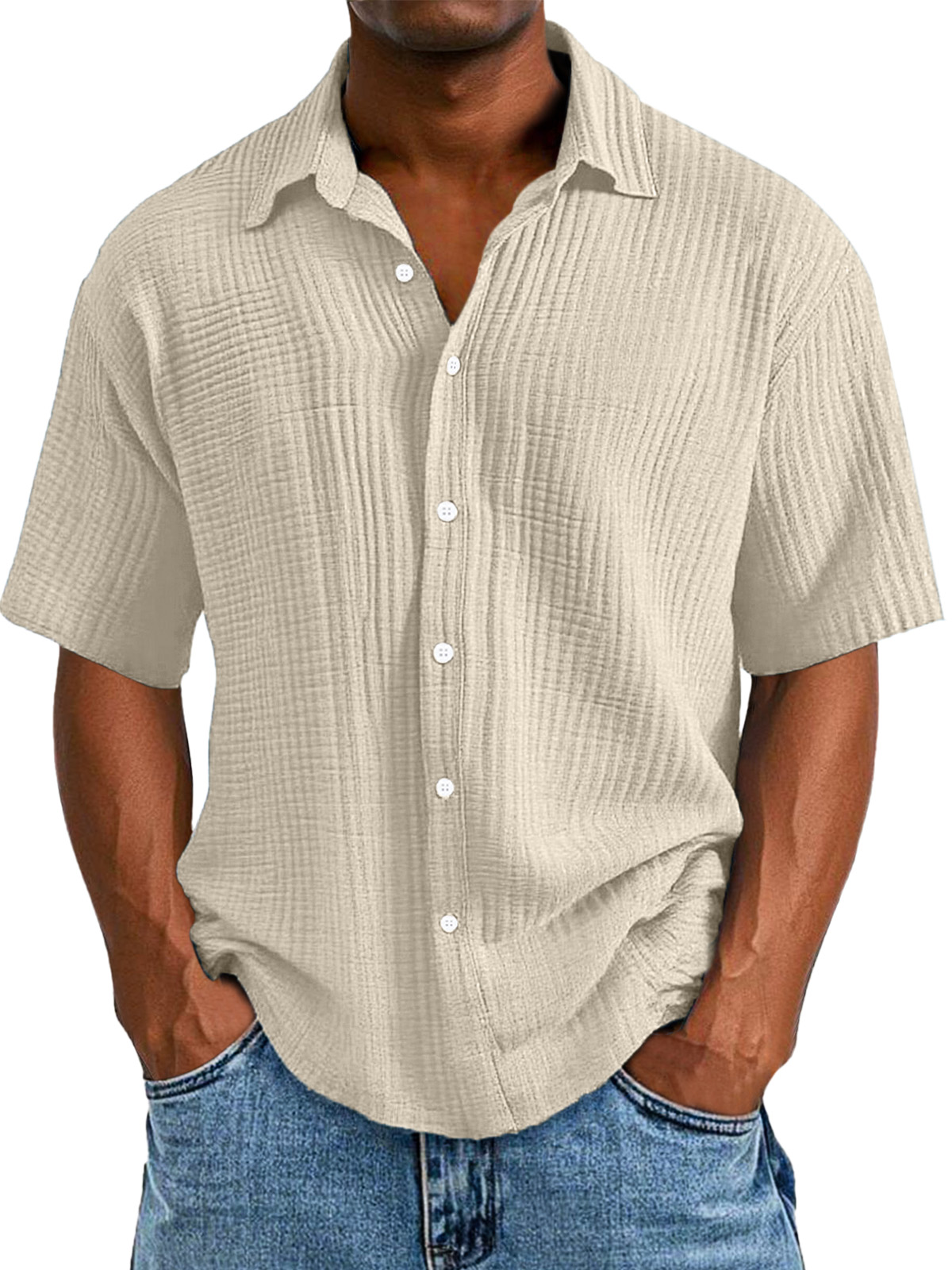 Men's Casual Loose And Comfortable Textured Short-sleeved Shirt-tidenox
